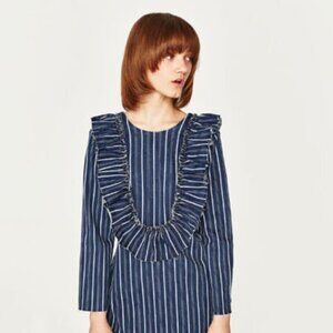 ZARA Denim Blue and White Long Sleeve Frills and Ruffles Shift Dress Size Small